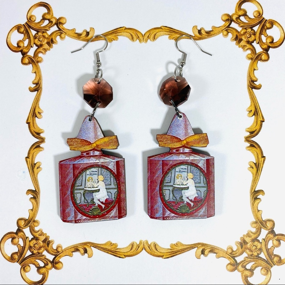 Vintage bottle image earrings with crystals